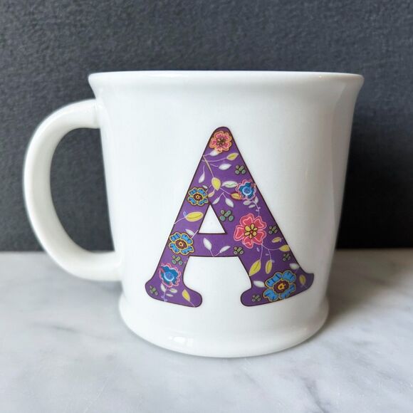 Natural Life Mug Letter A Monogram Love the Moment Coffee Cup Purple Floral - Picture 1 of 7
